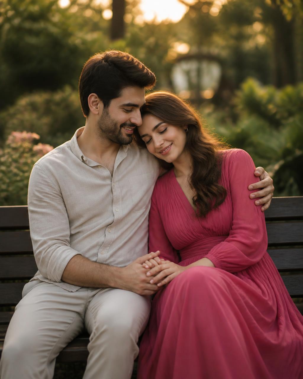 A couple sitting closely together on a wooden garden bench at golden hour, holding hands